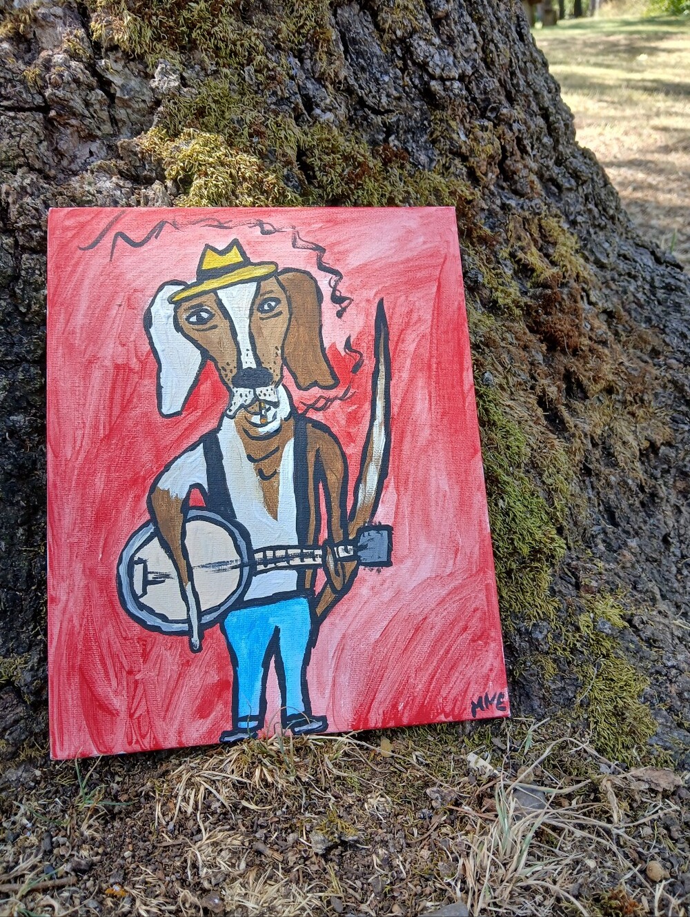 Dog Plays Banjo Painting Folk Art - Picture 4 of 7